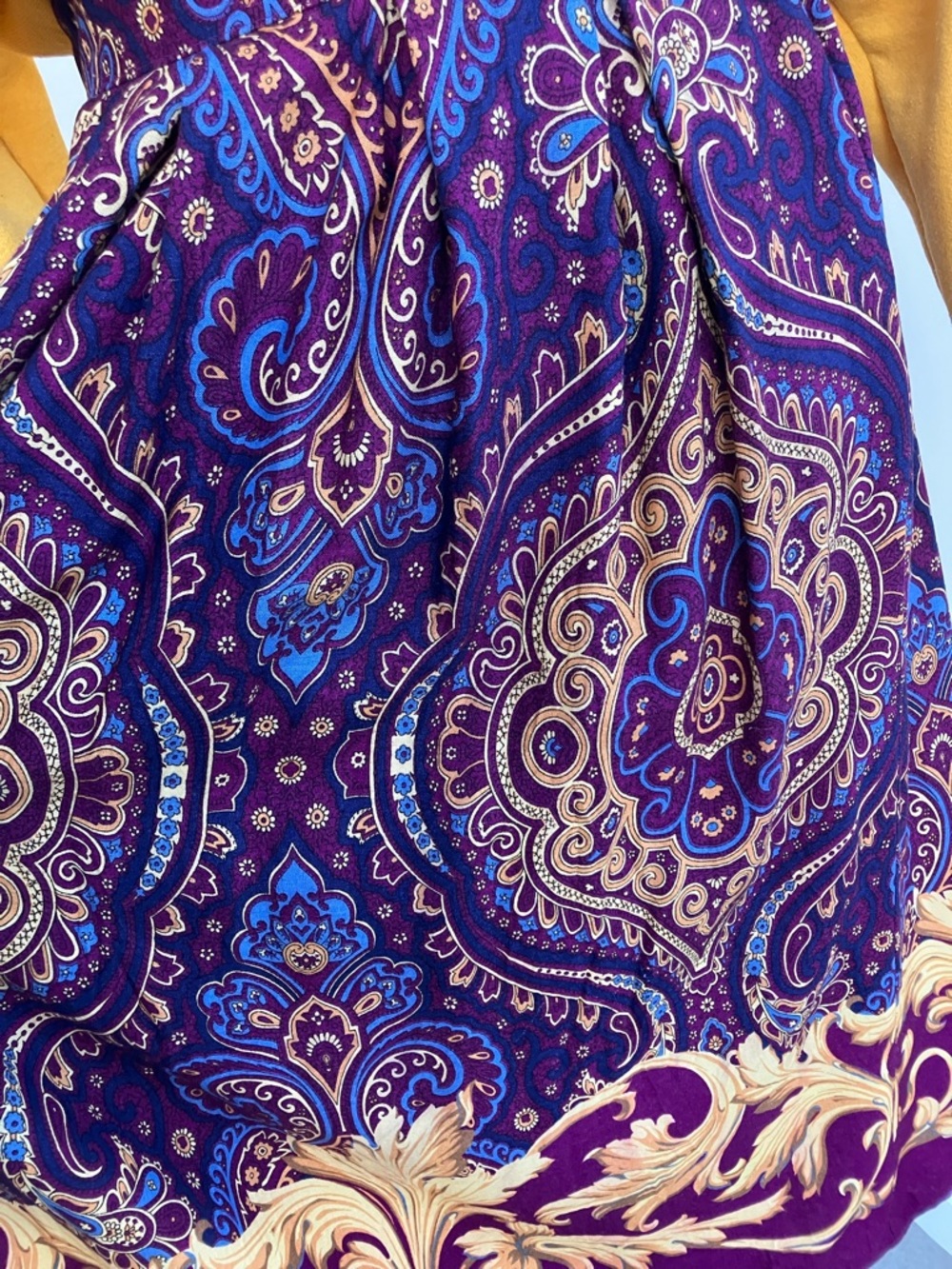 Vintage 80s Purple and Golden Yellow Intricate Paisley Border Print Midi Skirt